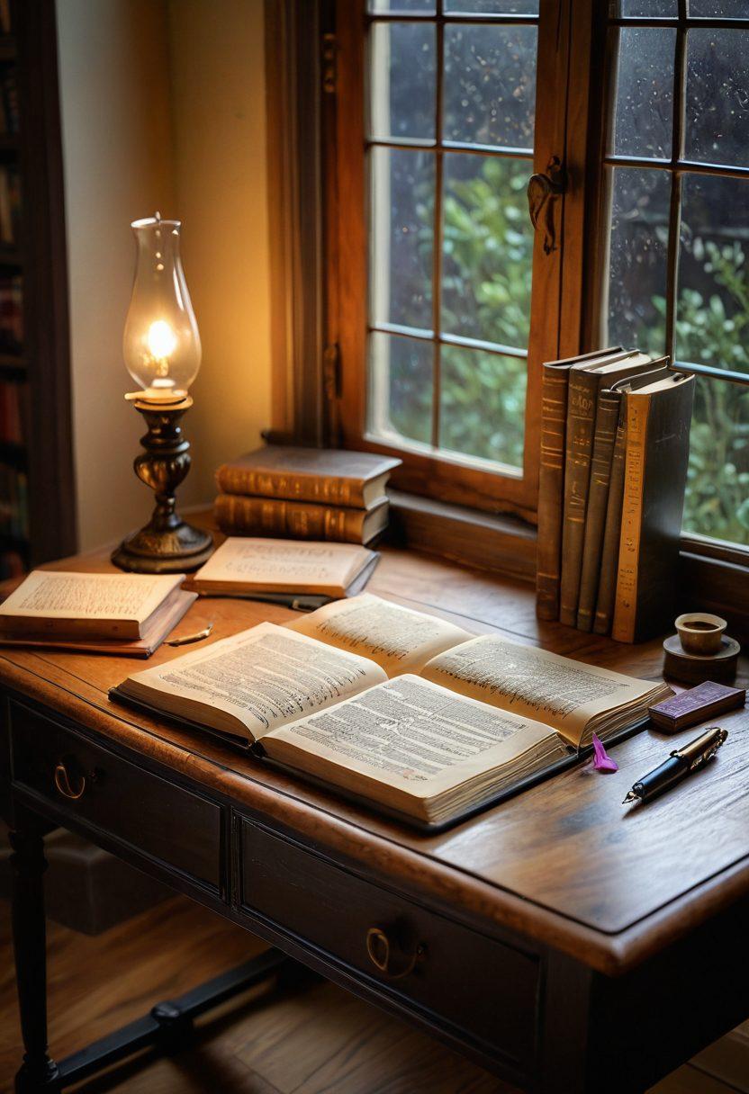 A vintage-style wooden desk cluttered with grammar books, a quill pen, and parchment papers, with a soft light illuminating a handwritten note featuring grammatical symbols. In the background, a chalkboard filled with colorful English grammar rules and tips. Subtle light rays streaming through a window, creating a warm atmosphere. whimsical illustration. vibrant colors. soft focus.