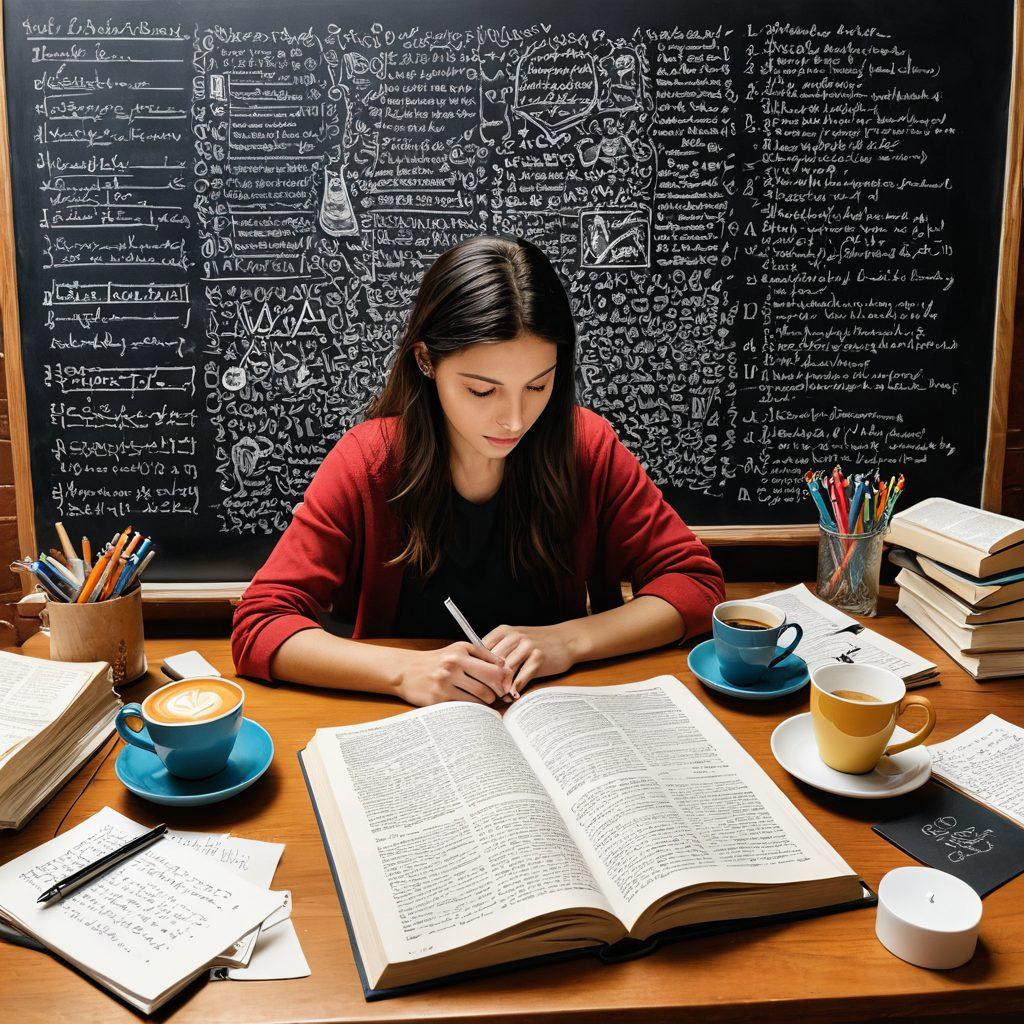 A captivating collage featuring an open book with grammar symbols and colorful notes surrounding it, a person writing on paper, a chalkboard filled with grammar rules, and a cup of coffee resting beside the book. The scene exudes a warm, inspiring environment perfect for studying. super-realistic. vibrant colors. cozy atmosphere.